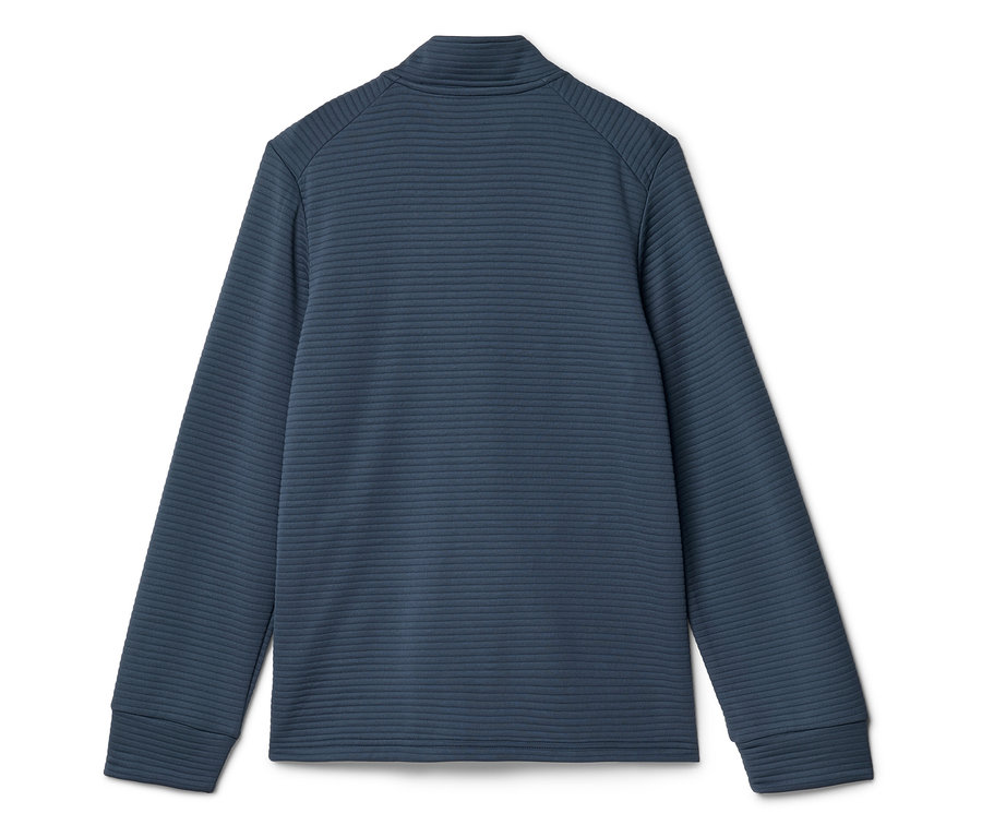 Blaues Sweatshirt mit Reißverschluss und horizontaler Textur, von hinten fotografiert.