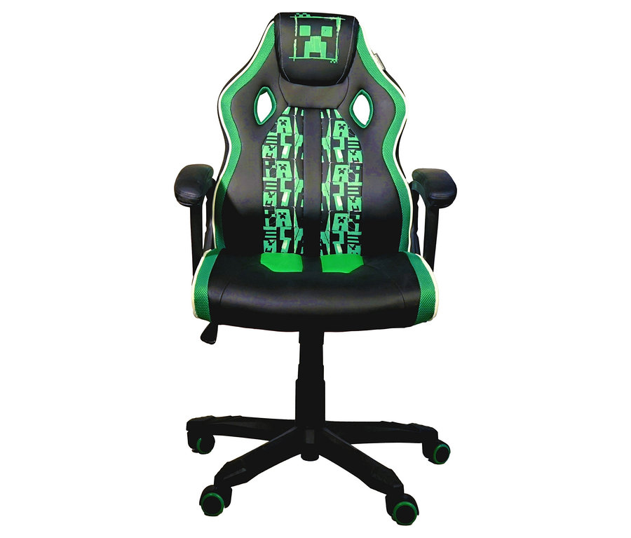 Ein schwarzer und grüner Gaming-Stuhl mit Creeper-Muster.