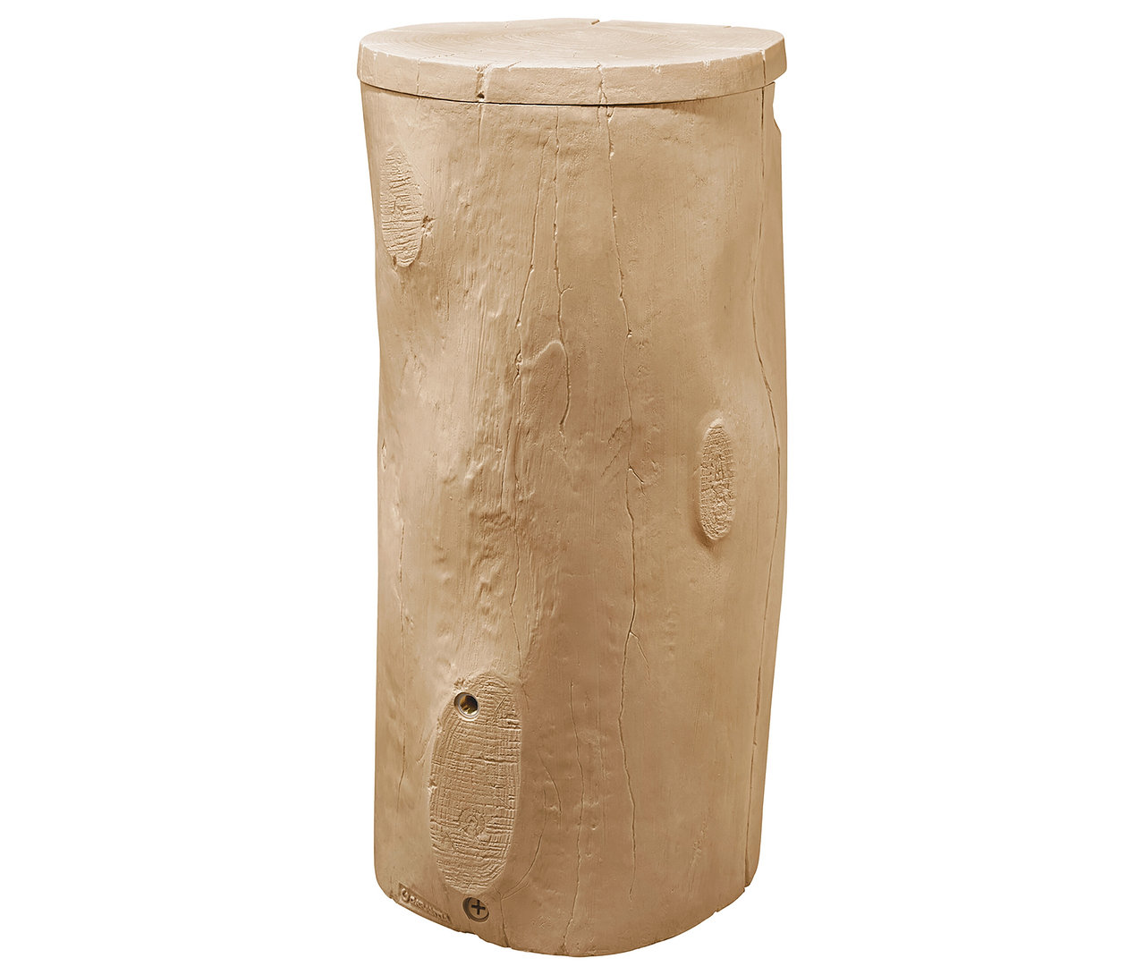 Beige Baumstamm-förmige Aufbewahrungsbox mit Deckel.