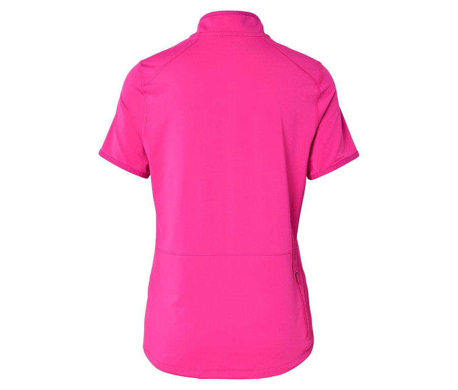 Rückansicht eines pinkfarbenen kurzärmeligen Sportoberteils mit Reißverschluss am Kragen.