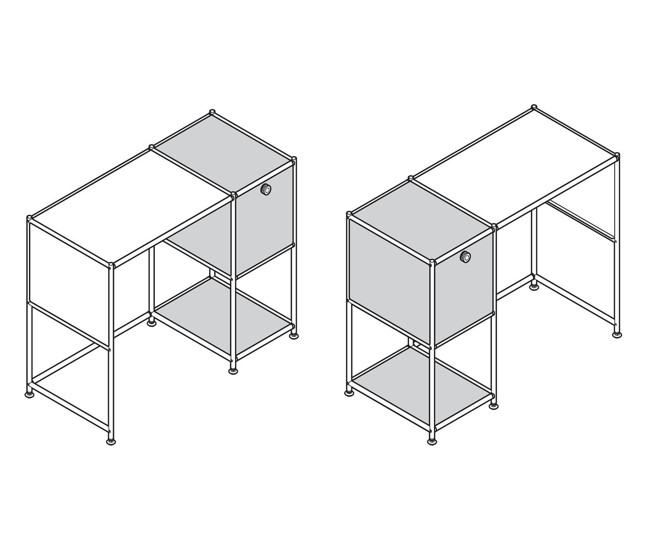 Zwei Schreibtische aus Metall »CN3« mit Klapptüren, einer in Grau und einer in Weiß.