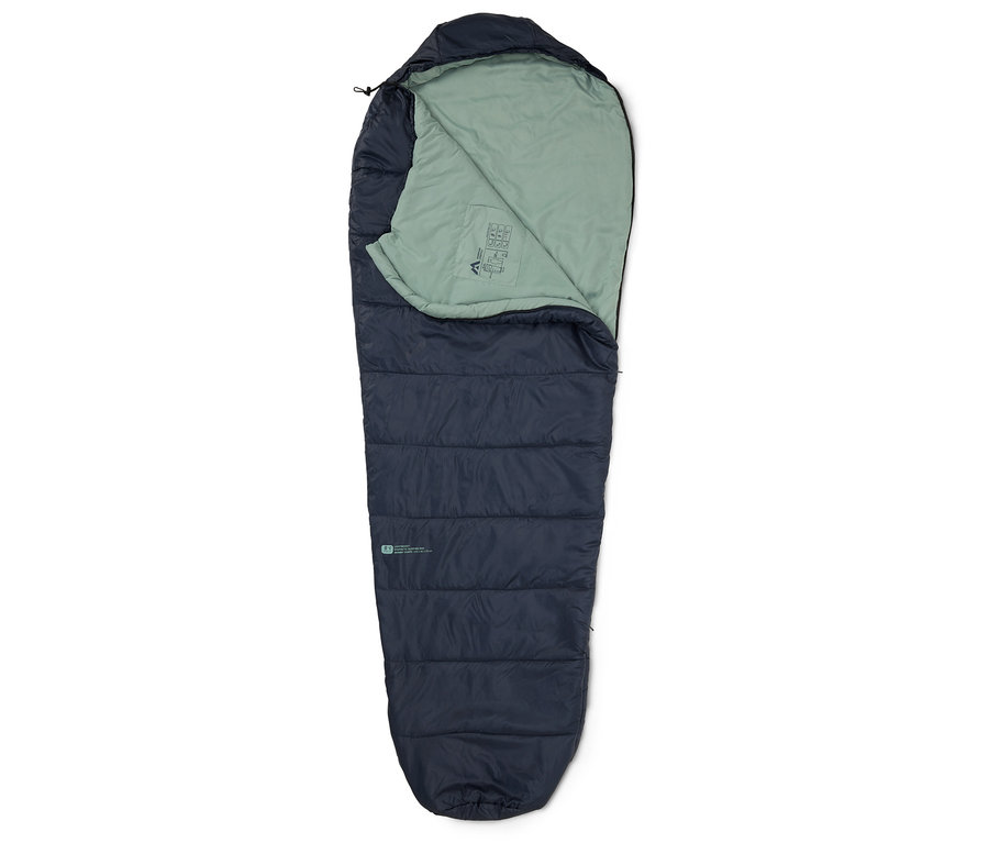 Dunkelblauer Schlafsack, Innenseite hellgrün, liegt offen auf hellem Hintergrund.