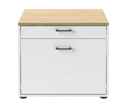 Weißer Schrank mit heller Holzplatte, zwei Schubladen und dunklen Griffen.