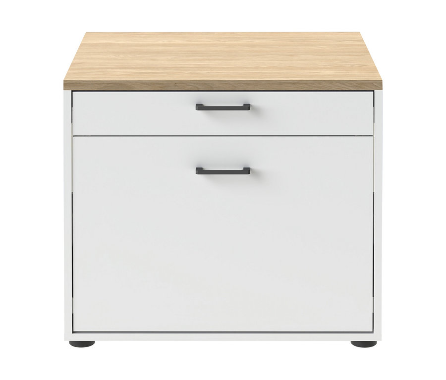 Weißer Schrank mit heller Holzplatte, zwei Schubladen und dunklen Griffen.