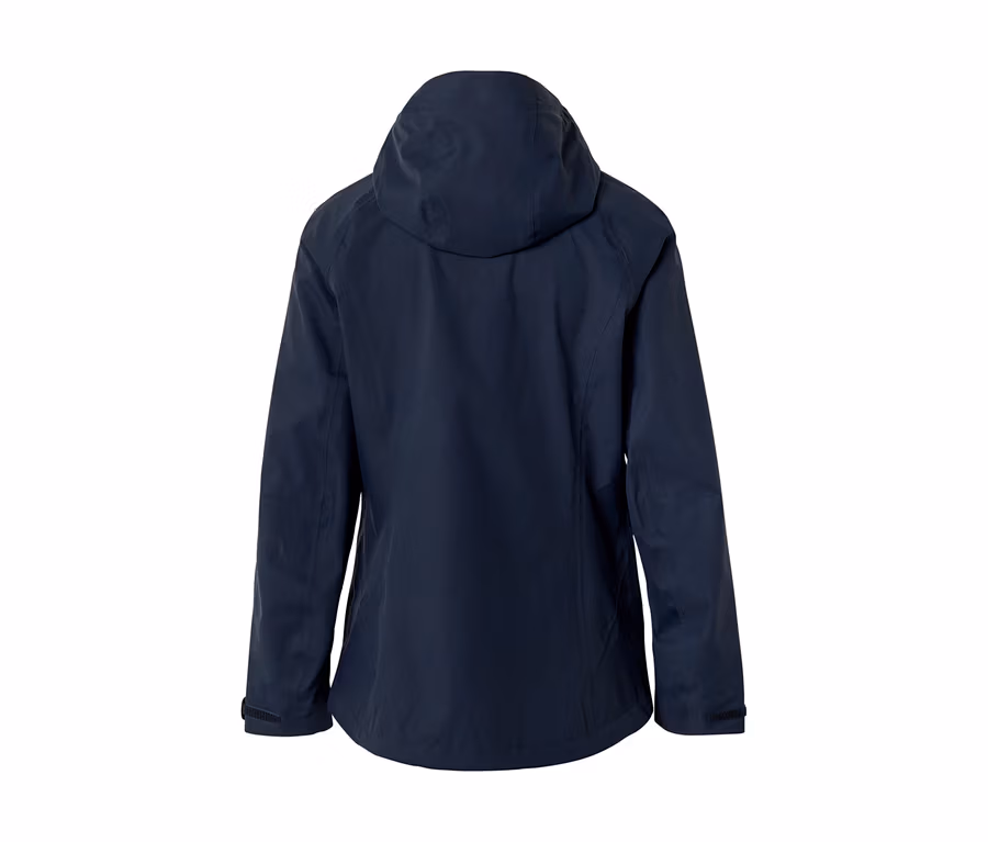 Dunkelblaue Jacke mit Kapuze, von hinten gesehen. Die Jacke hat lange Ärmel mit verstellbaren Bündchen.