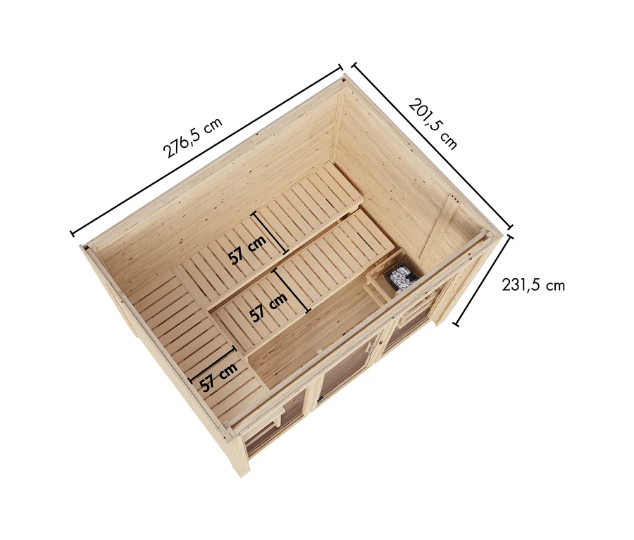 Innenansicht des Karibu Saunahauses »Clio 3« aus hellem Holz mit Bänken und Saunaofen. Maße: 276,5 cm Länge, 201,5 cm Breite, 231,5 cm Höhe, Bänke 57 cm breit.