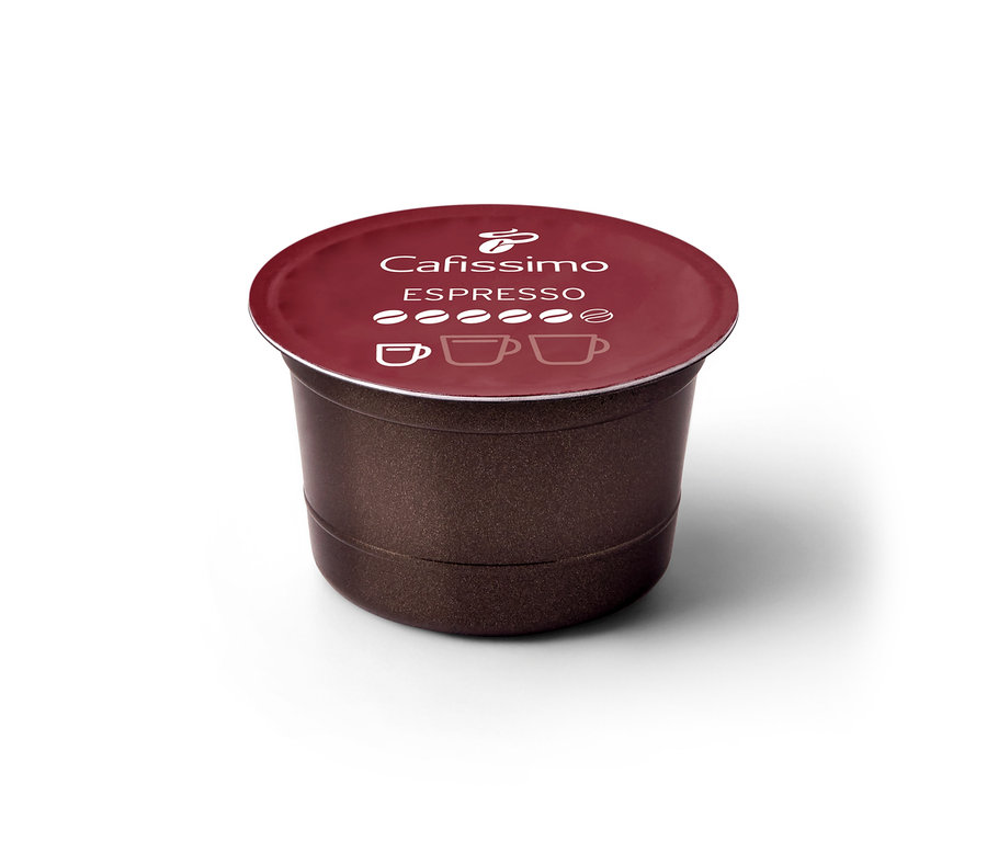 Dunkelbraune Cafissimo Espresso kräftig Kapsel mit bordeauxrotem Deckel, auf dem "Cafissimo ESPRESSO" und 5 Kaffeebohnen abgebildet sind.