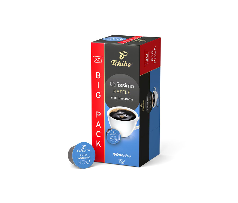 Eine Packung Cafissimo Kaffee mild - 30 Kapseln steht neben einer einzelnen Kapsel.