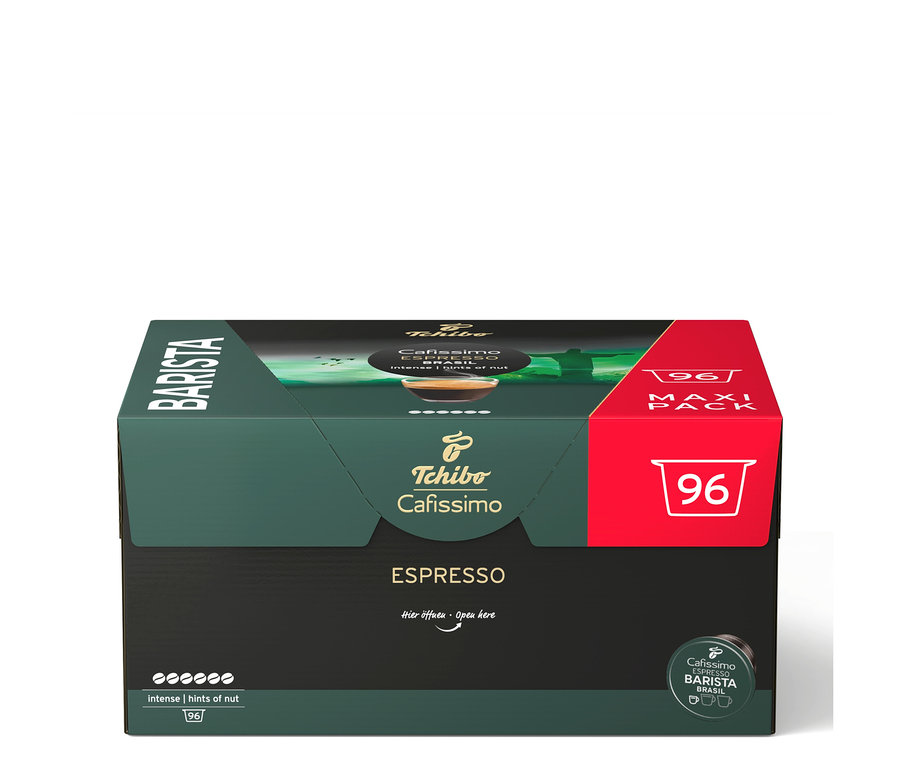 Dunkelgrüne und rote Packung Tchibo Cafissimo BARISTA Espresso Brasil Kaffeekapseln, mit der Aufschrift „96 MAXI PACK“ und „intense | hints of nut“.