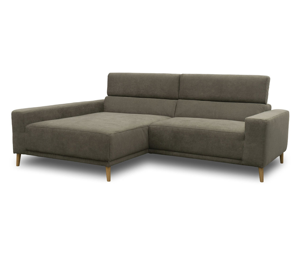 Graues DOMO Ecksofa »Malmö« mit Longchair links, Kopfteilverstellung und Holzfüßen.