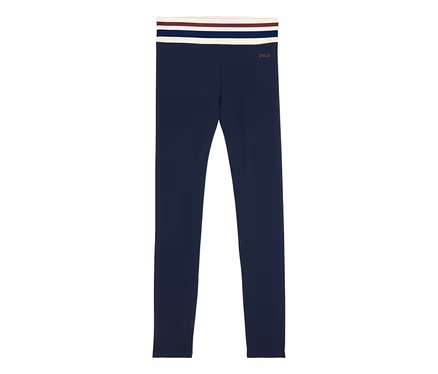 Dunkelblaue gerippte FILA Damen-Sportleggings mit gestreiftem Bund und Logo.