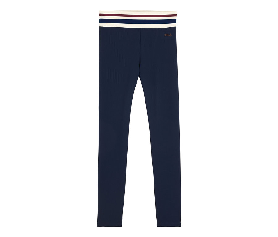 Dunkelblaue gerippte FILA Damen-Sportleggings mit gestreiftem Bund und Logo.