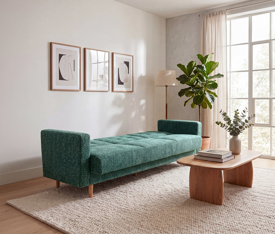 Grünes 3-Sitzer Schlafsofa »Janny« mit getufteter Sitzfläche und Holzbeinen auf einem hellen Teppich. Davor ein Holztisch mit Büchern und Vase.
