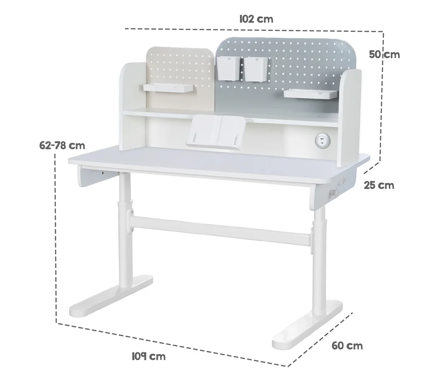 Weißer, höhenverstellbarer roba Kinderschreibtisch Basic mit Aufsatz. Die Tischplatte ist 109 cm breit und 60 cm tief, höhenverstellbar von 62 bis 78 cm. Der 102 cm breite Aufsatz hat eine Ablage, einen Buchständer und zwei Lochplatten (hellbeige, grau) mit Behältern und Regalen. Maße sind eingezeichnet.