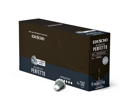 Eine geöffnete braune Packung Eduscho Ristretto Perfetto Kaffeekapseln mit einer einzelnen Kapsel davor.
