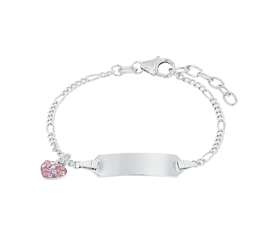 Silbernes Armband mit herzförmigem Anhänger mit rosa Akzenten und einer rechteckigen Platte.