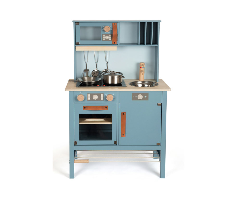 Eine blaue small foot Kinderküche kompakt »tasty« mit Backofen, Herd, Spüle und Mikrowelle.
