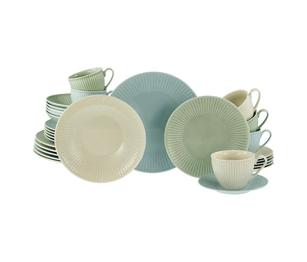 Ein 30-teiliges creaTable Kombiservice »Valencia Pastell« mit Tellern, Schalen und Tassen in Pastellblau, Grün und Creme, alle mit geripptem Design.