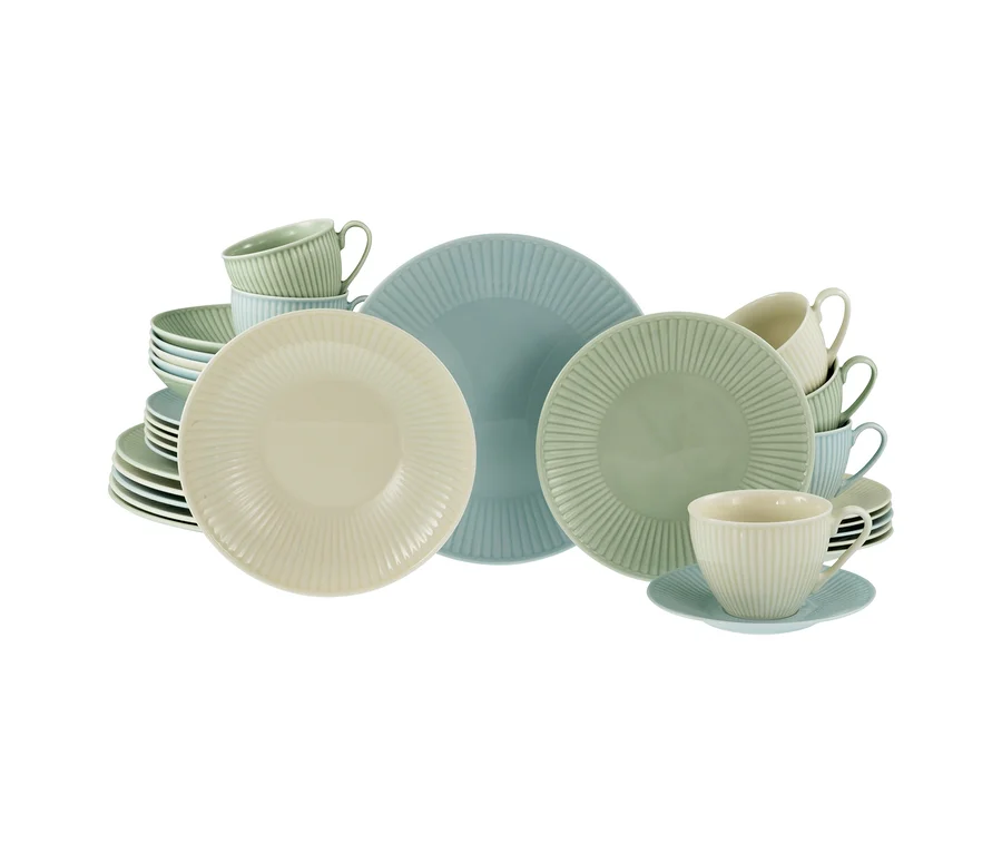 Ein 30-teiliges creaTable Kombiservice »Valencia Pastell« mit Tellern, Schalen und Tassen in Pastellblau, Grün und Creme, alle mit geripptem Design.
