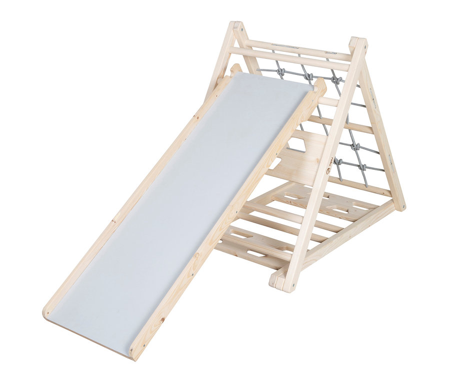 Holz Klettergerüst mit grauer Rutsche, roba Rutschbrett.