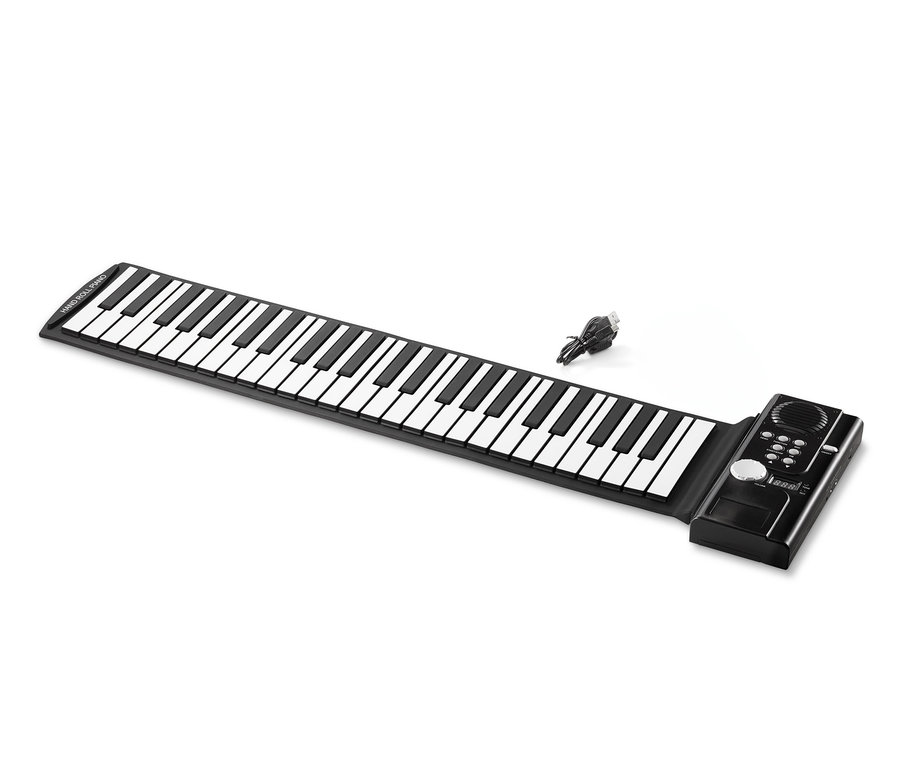 Schwarzes elektronisches Rollpiano mit schwarzem Adapter.
