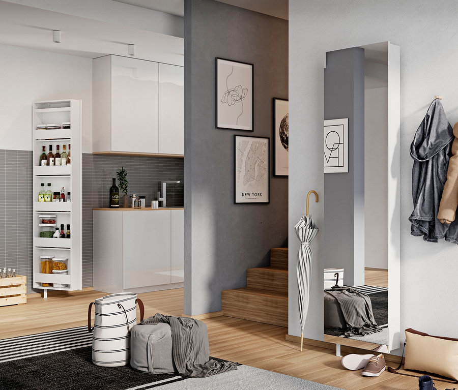 Interieur mit Drehtürenschrank mit Ganzkörperspiegel, Garderobe und Accessoires.