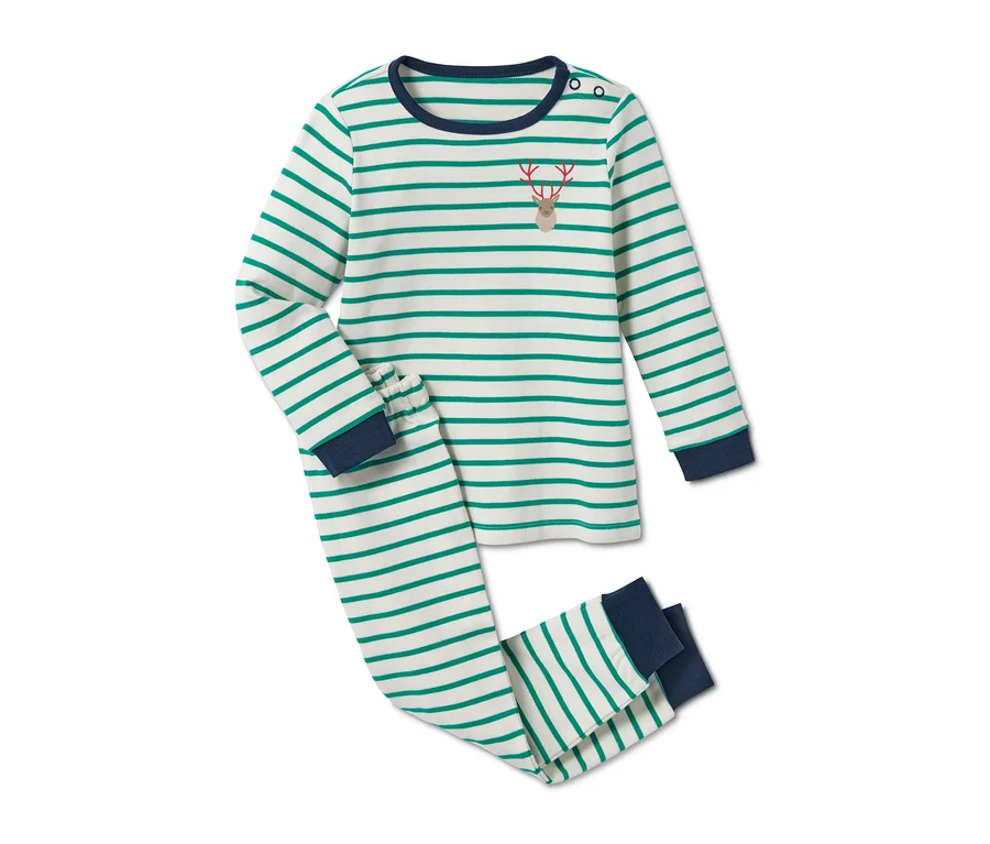 Gestreifter Interlock-Pyjama aus Bio-Baumwolle mit Rentier-Applikation.