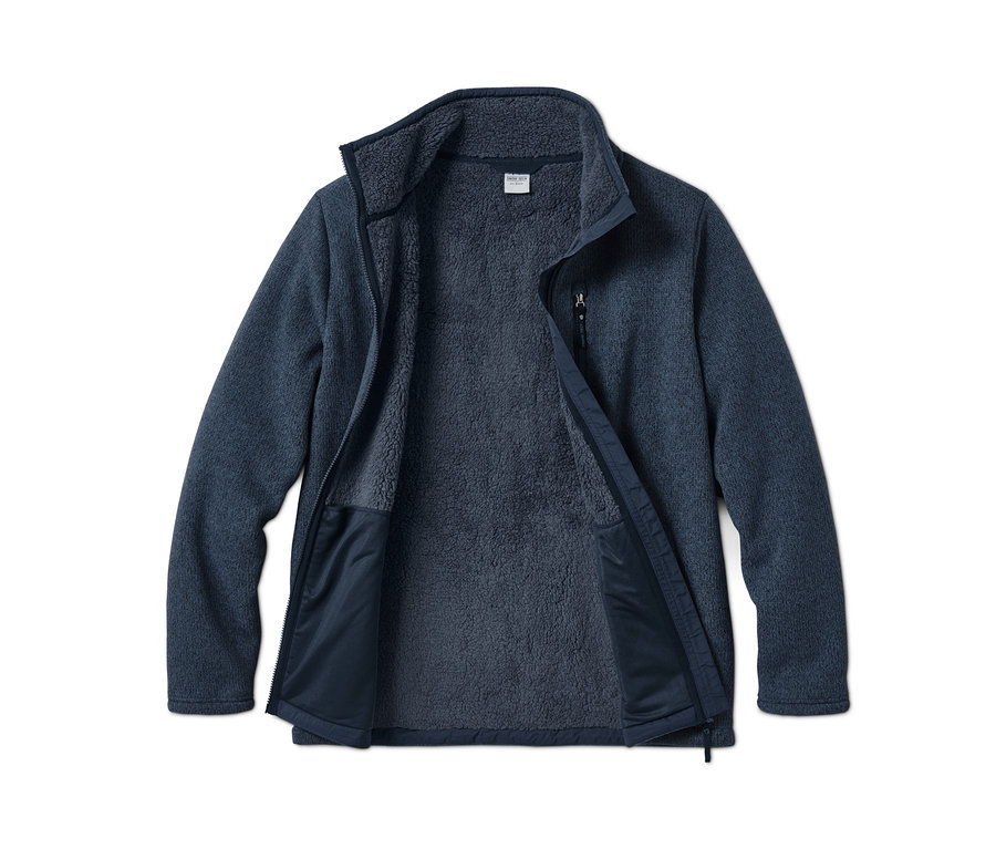 Offene marineblaue Thermo-Strickfleecejacke.