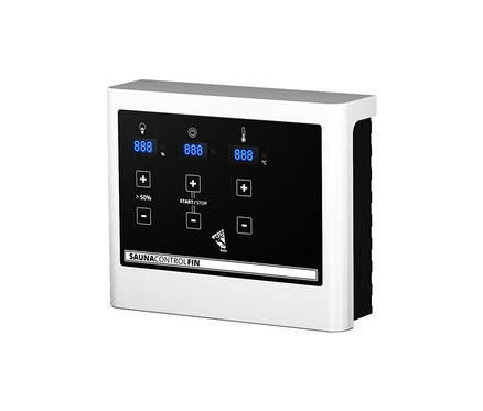 Saunasteuerungsgerät Fin mit schwarzem Touchdisplay und weißem Rahmen.