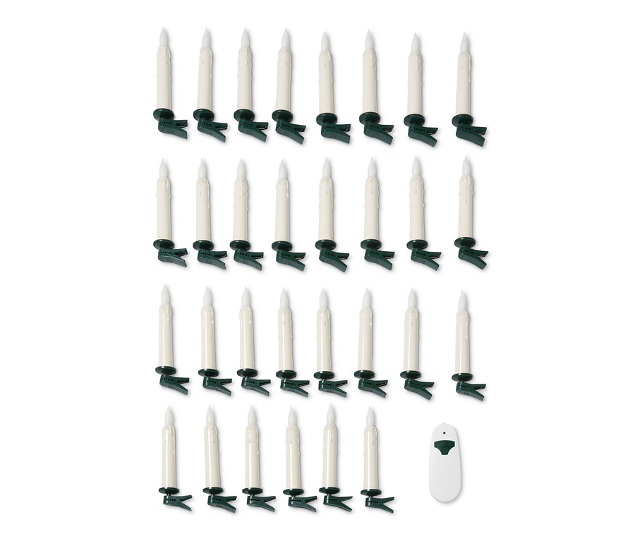 Vier Reihen von 30 LED-Weihnachtsbaumkerzen mit Clips und Fernbedienung.