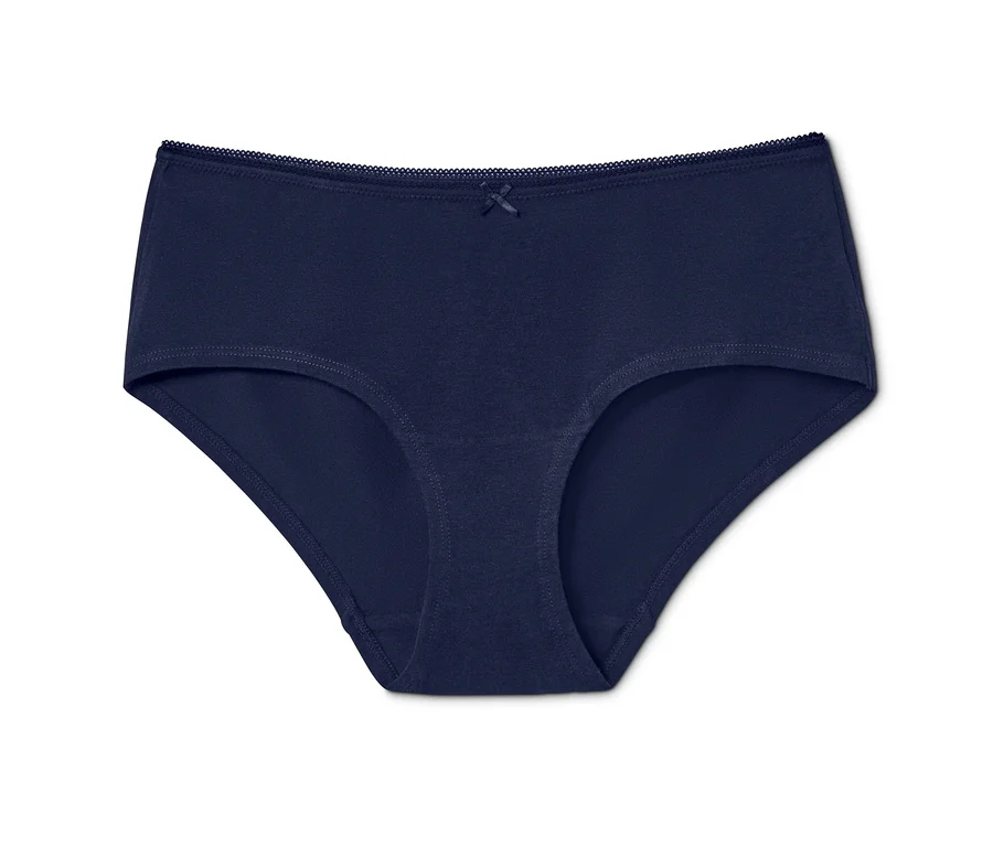 Detailaufnahme einer einzelnen marineblauen Panty aus einem 5er-Set mit Spitzenbesatz und Schleife.