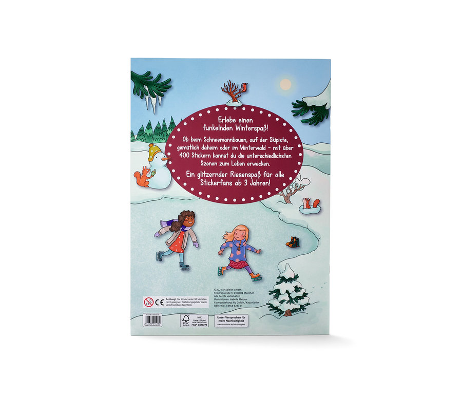 Cover des Kinderbuchs Mein Stickerbuch »Winter« mit Illustrationen von Winterszenen und Kindern beim Eislaufen.