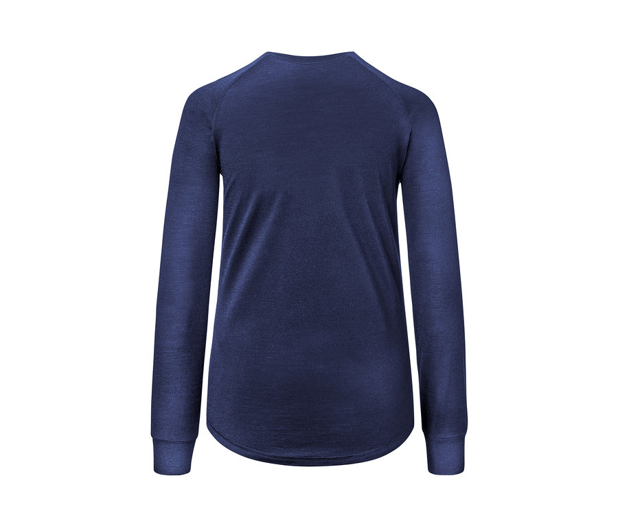 Dunkelblaues Shirt mit RWS-zertifizierter Wolle und langen Ärmeln.