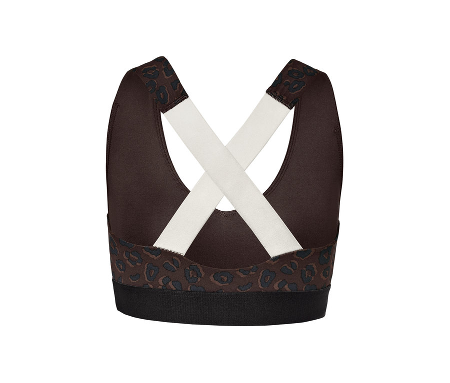 Braunes und schwarzes Sport-Bustier mit gekreuzten, weißen Trägern auf der Rückseite.