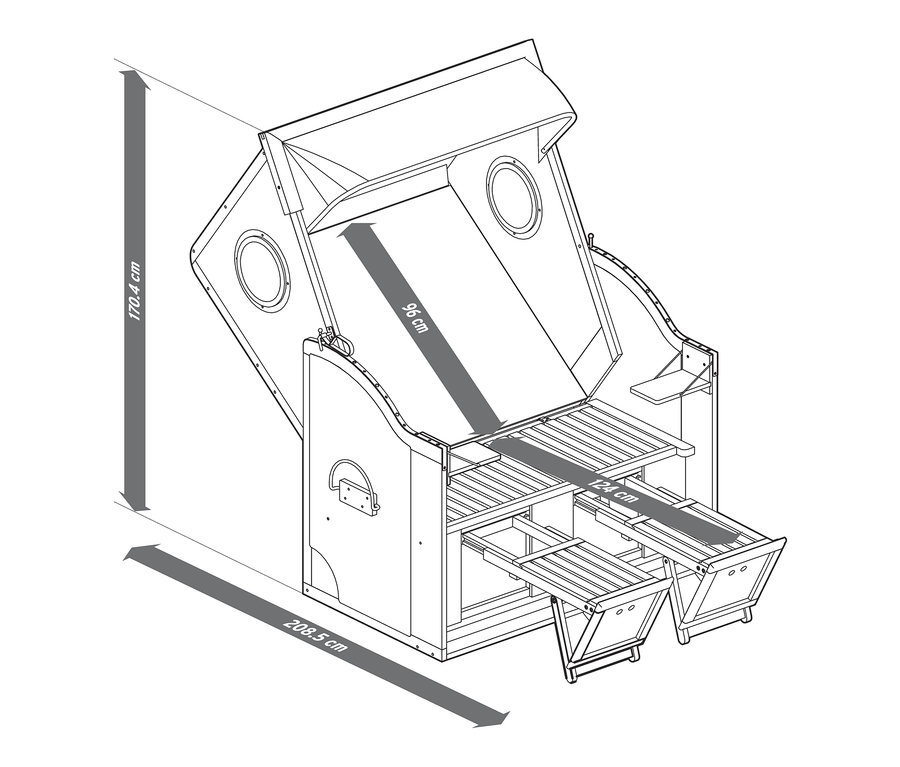 Abbildung eines Premium-Strandkorbs XL mit 2 Ausklapptischen und Bemaßungen.