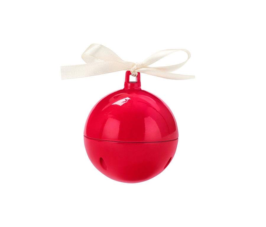 Eine rote singende Weihnachtskugel mit einer weißen Schleife.