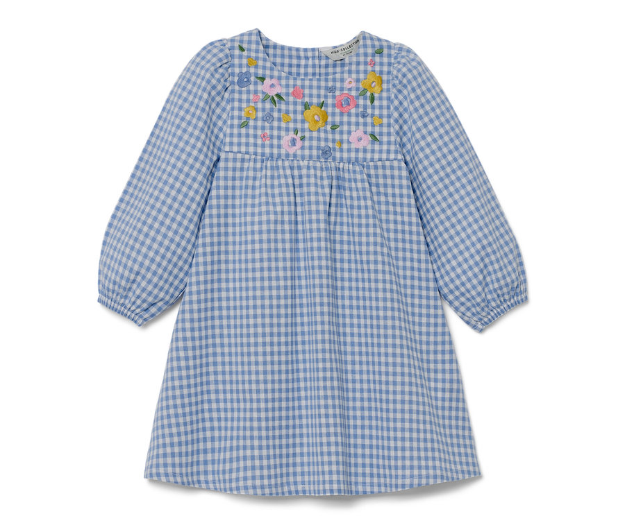 Blaues kariertes Kinder-Webkleid mit Blumenstickerei.