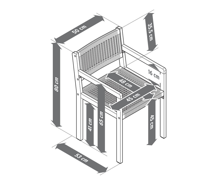 Abbildung eines Dining-Stuhls mit Textilgeflecht, der die Maße zeigt: 80 cm hoch, Sitzbreite 48 cm, Sitztiefe 45 cm.