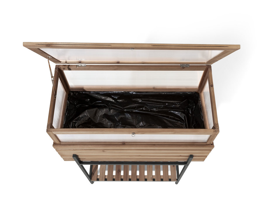 Geöffnetes Hochbeet mit Frühbeetaufsatz »Elin« und schwarzer Einlage.