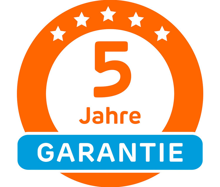 Orange-weisser Kreis mit fünf Sternen oben, der Zahl 5 und dem Wort 'Jahre' in der Mitte und einem blauen Rechteck mit dem Wort 'GARANTIE' unten.