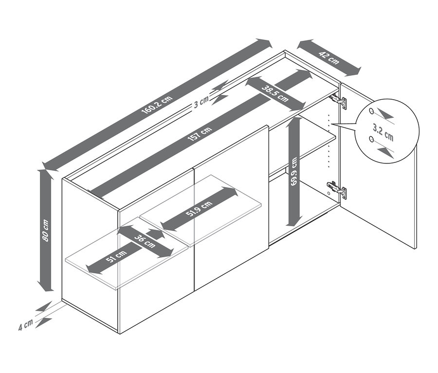 Abbildung eines Sideboards mit Maßangaben.