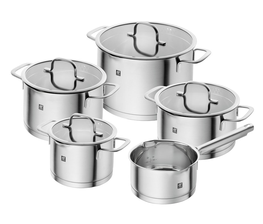 Fünfteiliges ZWILLING Trueflow Kochtopf-Set mit Deckel.