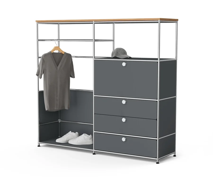 Graue Kommode Metall »CN3« mit Holzplatte, 1 Kleiderstange, 1 Klappenfach und 3 Schubladen.