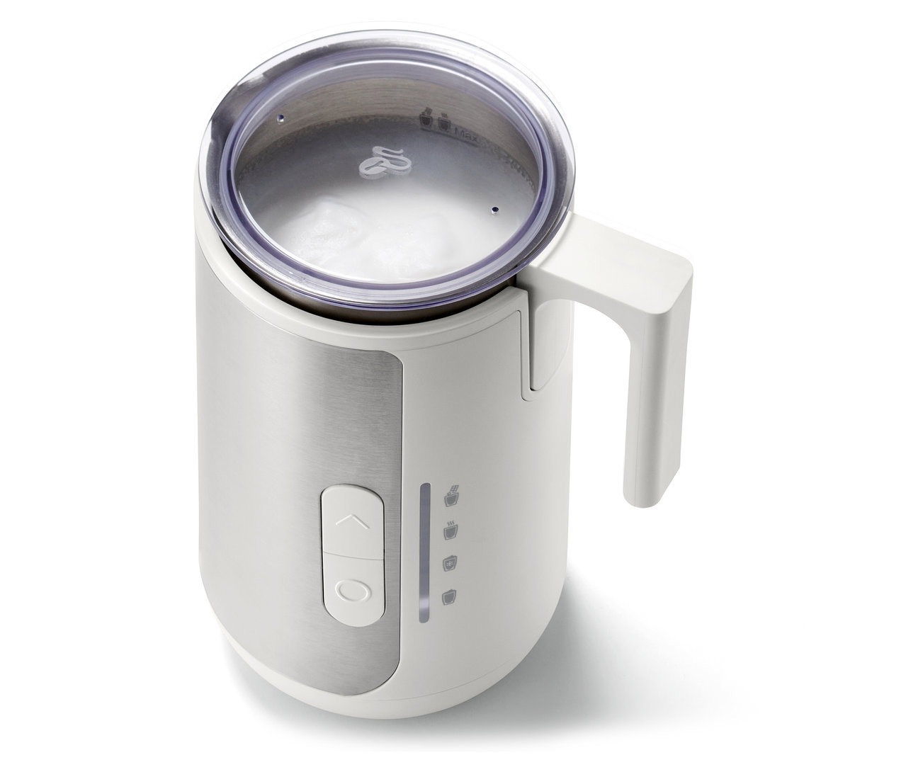 Milchaufschäumer mit transparentem Deckel und weißem Griff.