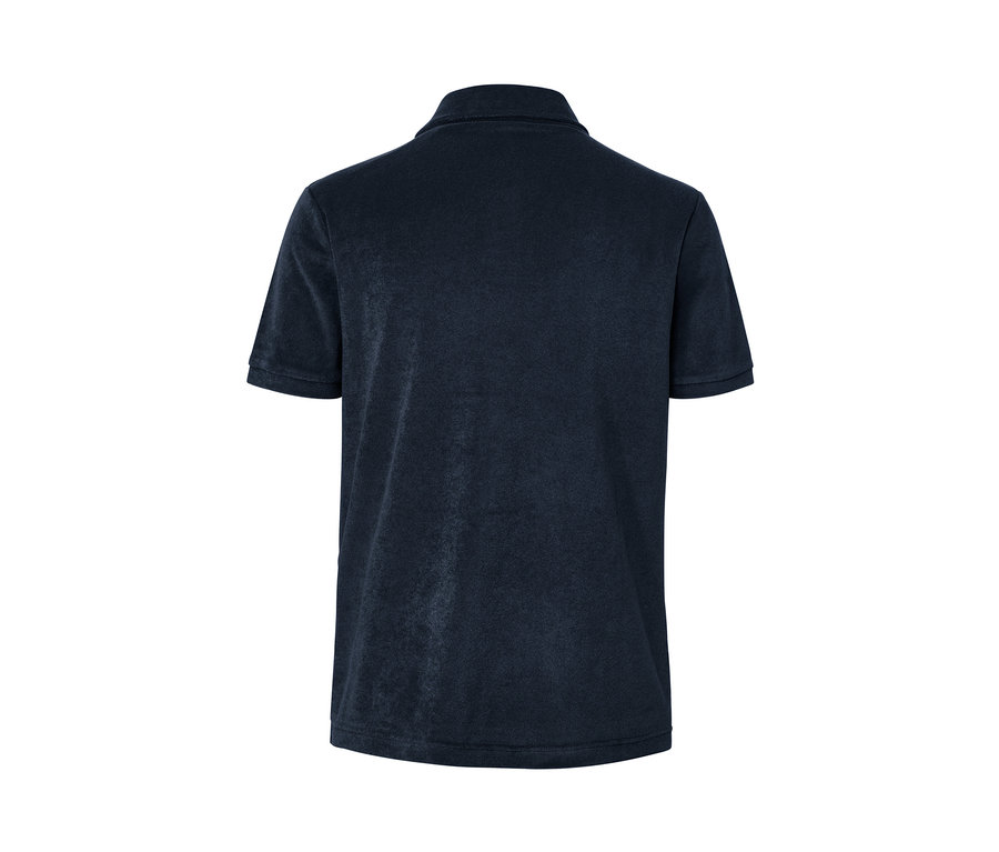 Rückansicht eines marineblauen Frottee-Poloshirts.