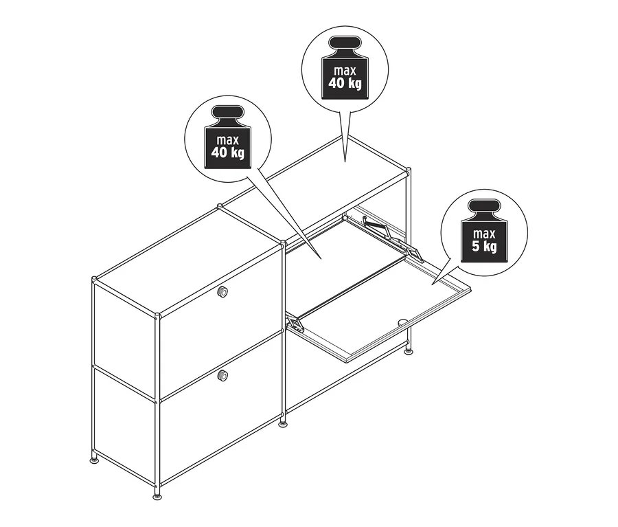 Zeichnung eines Sideboards Metall »CN3« mit 4 Klappenfächern, von denen eines geöffnet ist.