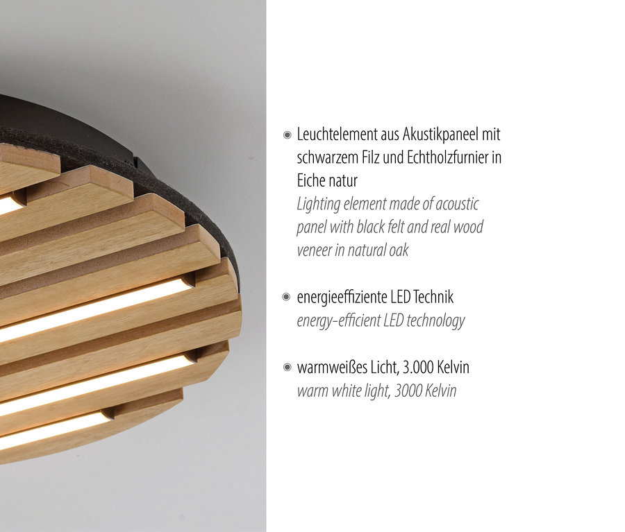 Detail einer Deckenleuchte aus Akustikpaneel mit schwarzem Filz und Echtholzfurnier in Natureiche.
