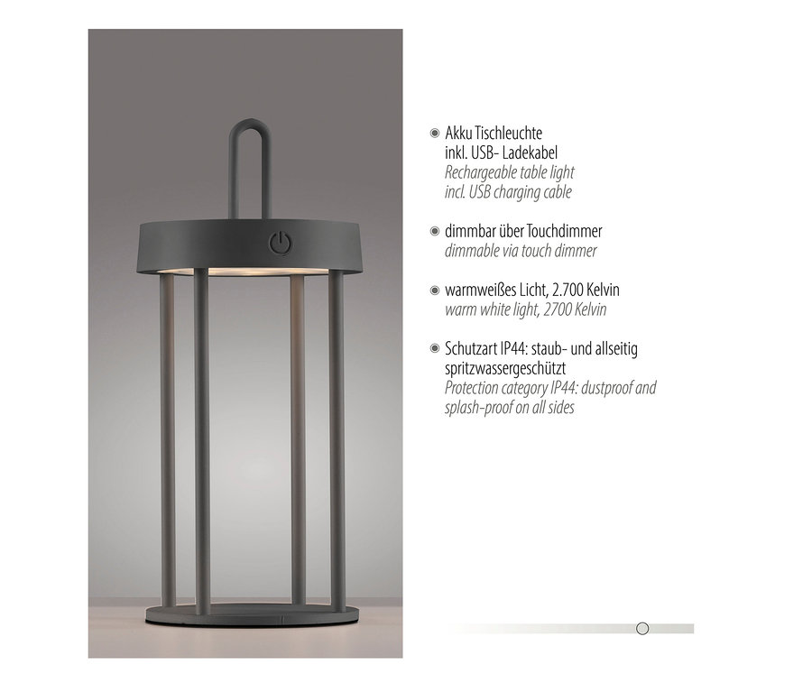 Graue JUST LIGHT LED-Akku-Tischleuchte "Anselm".