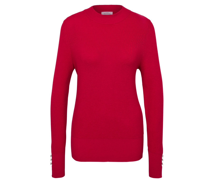 Roter Feinstrickpullover mit langen Ärmeln.