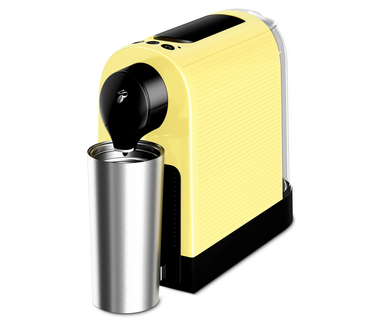 Gelbe Kaffeemaschine mit einem silbernen Thermobecher darunter.